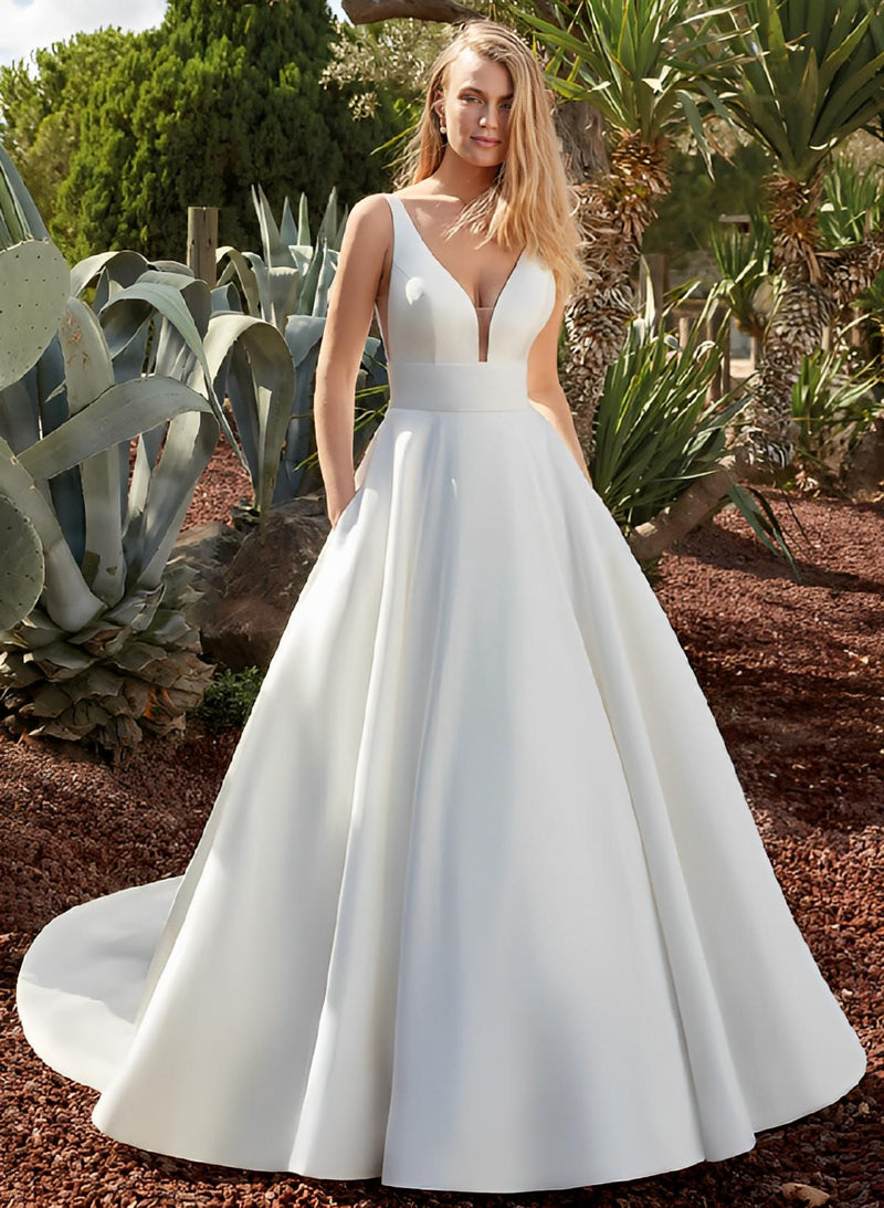 V-neck Satin Wedding Dresses Open Back-Dbrbridal