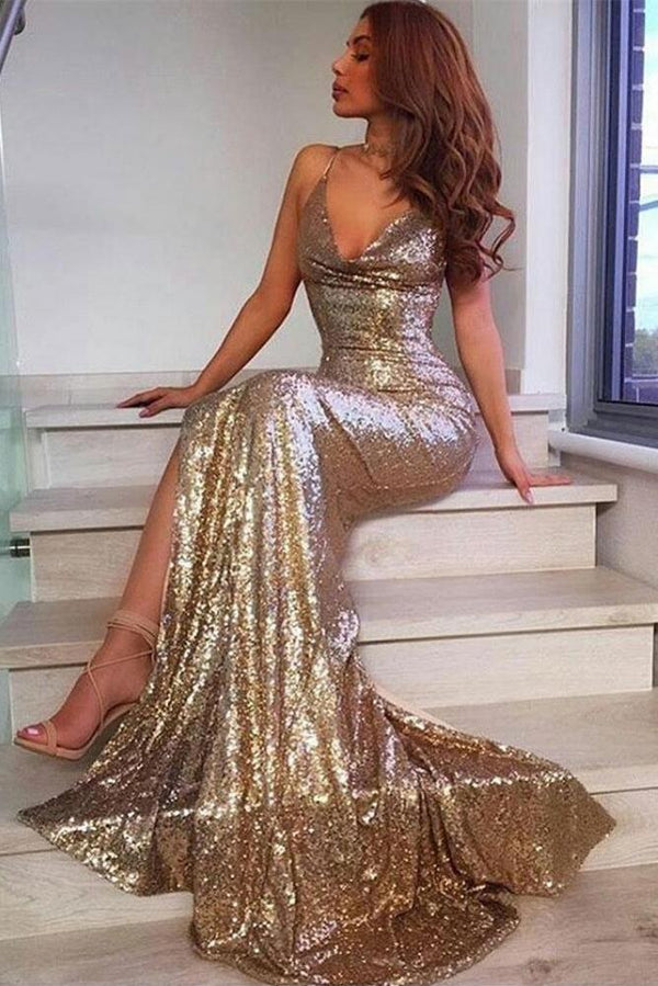 V-Neck Sequins Party Dresses Mermaid Evening Party Gowns With Slit-Dbrbridal