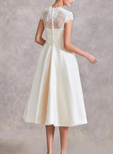 V-Neck Short Sleeves Tea-Length Satin Wedding Dresses Lace-Dbrbridal