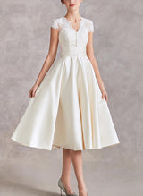 V-Neck Short Sleeves Tea-Length Satin Wedding Dresses Lace-Dbrbridal