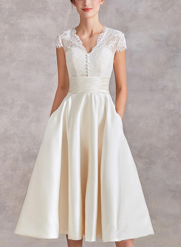 V-Neck Short Sleeves Tea-Length Satin Wedding Dresses Lace-Dbrbridal