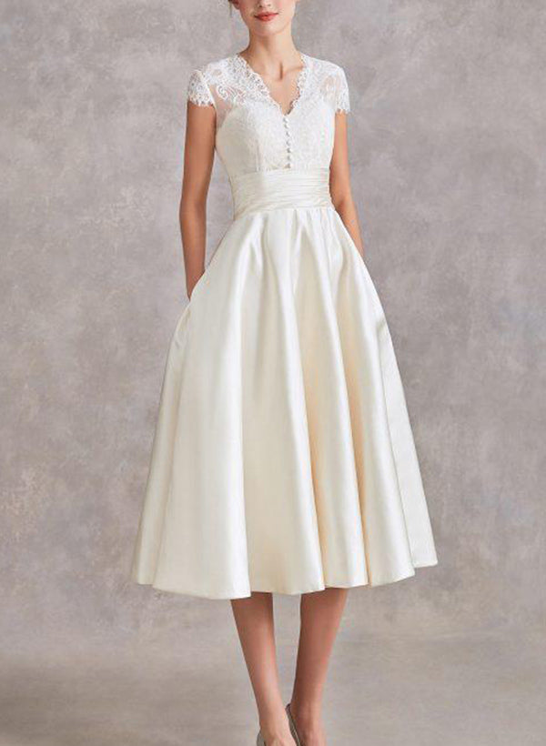 V-Neck Short Sleeves Tea-Length Satin Wedding Dresses Lace-Dbrbridal