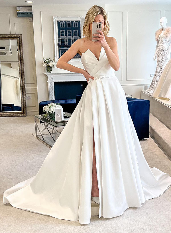 V-neck Sleeveless Ball-Gown Wedding Dresses Split Front Sweep Train Satin-Dbrbridal