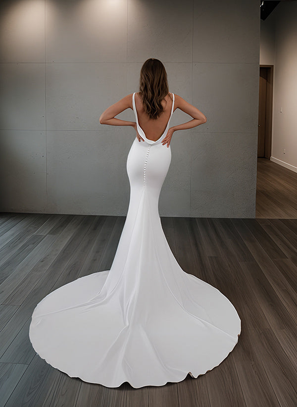 V-neck Sleeveless Boho Summer Beach Wedding Dress Sweep Train in Elastic Satin-Dbrbridal