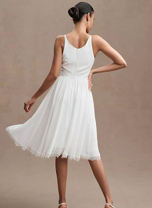 V-neck Sleeveless Chic A-line Wedding Dress in Chiffon Elastic Satin Pleated Detail-Dbrbridal