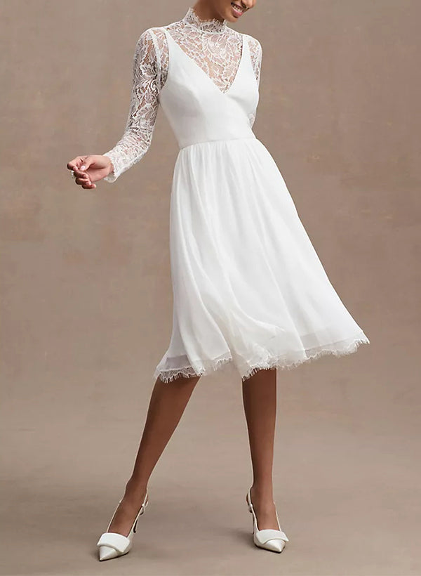 V-neck Sleeveless Chic A-line Wedding Dress in Chiffon Elastic Satin Pleated Detail-Dbrbridal