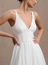 V-neck Sleeveless Chic A-line Wedding Dress in Chiffon Elastic Satin Pleated Detail-Dbrbridal