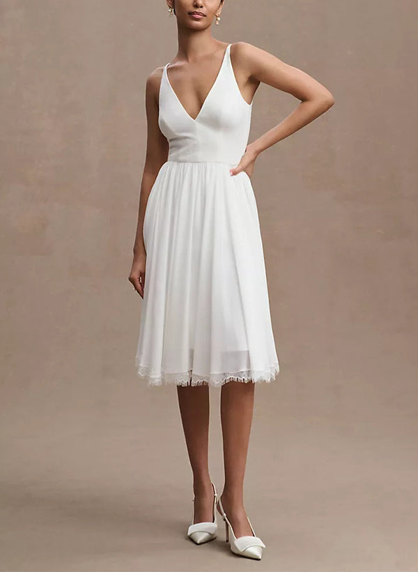 V-neck Sleeveless Chic A-line Wedding Dress in Chiffon Elastic Satin Pleated Detail-Dbrbridal