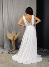 V-Neck Sleeveless Chiffon Lace Sweep Train Wedding Dress-Dbrbridal