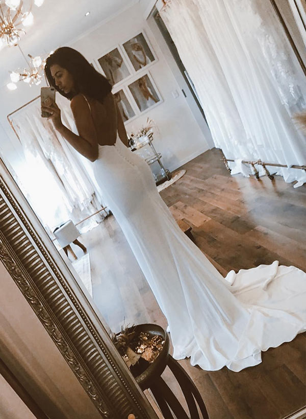 V-neck Sleeveless Court Train Elastic Satin Mermaid Fitted Wedding Dresses-Dbrbridal