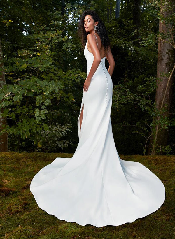 V-neck Sleeveless Court Train Elastic Satin Wedding Dresses Split Front-Dbrbridal