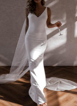 V-Neck Sleeveless Elastic Satin Court Train Wedding Dress Mermaid Fitted-Dbrbridal