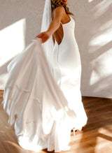 V-Neck Sleeveless Elastic Satin Court Train Wedding Dress Mermaid Fitted-Dbrbridal