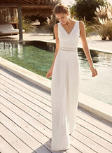 V-Neck Sleeveless Elastic Satin Floor-Length Wedding Jumpsuit Dresses Lace Sash-Dbrbridal