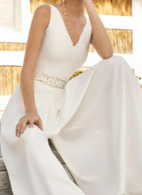 V-Neck Sleeveless Elastic Satin Floor-Length Wedding Jumpsuit Dresses Lace Sash-Dbrbridal