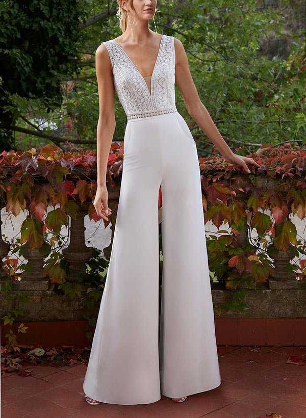 V-Neck Sleeveless Floor-Length Satin Wedding Dress Lace-Dbrbridal