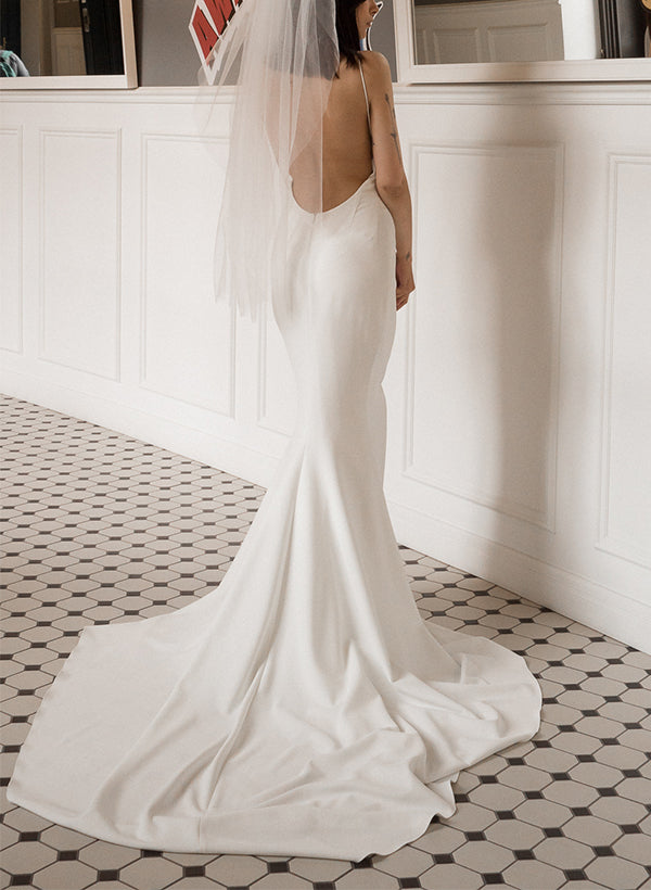 V-Neck Sleeveless Mermaid Fitted Jersey Wedding Dresses Open Back-Dbrbridal