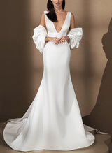 V-Neck Sleeveless Satin Wedding Dresses Bows-Dbrbridal