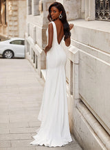 V-Neck Sleeveless Sweep Train Elastic Satin Wedding Dresses-Dbrbridal