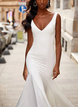 V-Neck Sleeveless Sweep Train Elastic Satin Wedding Dresses-Dbrbridal