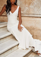 V-Neck Sleeveless Sweep Train Elastic Satin Wedding Dresses-Dbrbridal