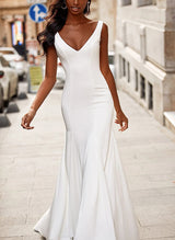 V-Neck Sleeveless Sweep Train Elastic Satin Wedding Dresses-Dbrbridal