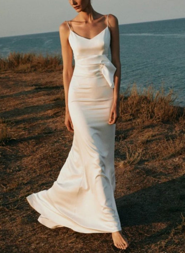 V-Neck Sleeveless Sweep Train Satin Wedding Dresses-Dbrbridal