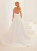 V Neck Sweep Train Satin Wedding Dress Split Front-Dbrbridal