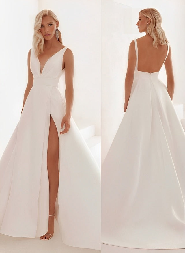 V Neck Sweep Train Satin Wedding Dress Split Front-Dbrbridal