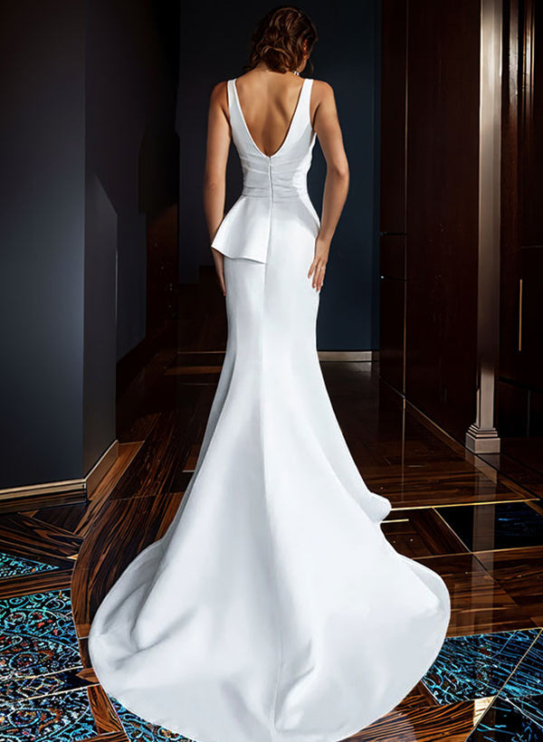 V-Neck Sweep Train Satin Wedding Dress Split Front Ruffle-Dbrbridal