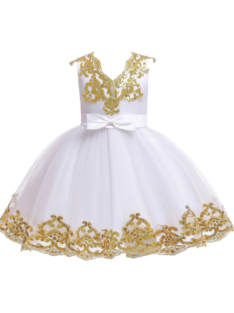 V-Neck Tulle Short Sleeves Short Princess Embroidered Kids Party Dresses-Dbrbridal