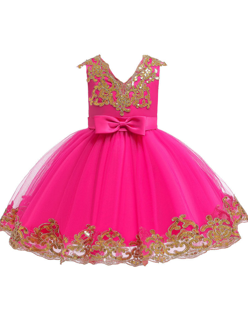 V-Neck Tulle Short Sleeves Short Princess Embroidered Kids Party Dresses-Dbrbridal