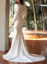 V-Neck Wedding Dresses Elastic Satin Long Sleeves Mermaid Fitted-Dbrbridal