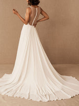 Wedding Dress Deep V-Neck Beaded Sash Chiffon Bridal Dress-Dbrbridal