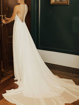 Wedding Dress Deep V-Neck Beaded Sash Chiffon Bridal Dress-Dbrbridal