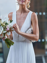 Wedding Dress Deep V-Neck Beaded Sash Chiffon Bridal Dress-Dbrbridal