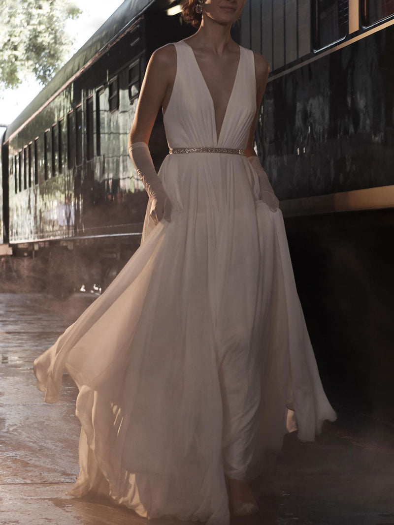 Wedding Dress Deep V-Neck Beaded Sash Chiffon Bridal Dress-Dbrbridal