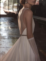 Wedding Dress Deep V-Neck Beaded Sash Chiffon Bridal Dress-Dbrbridal