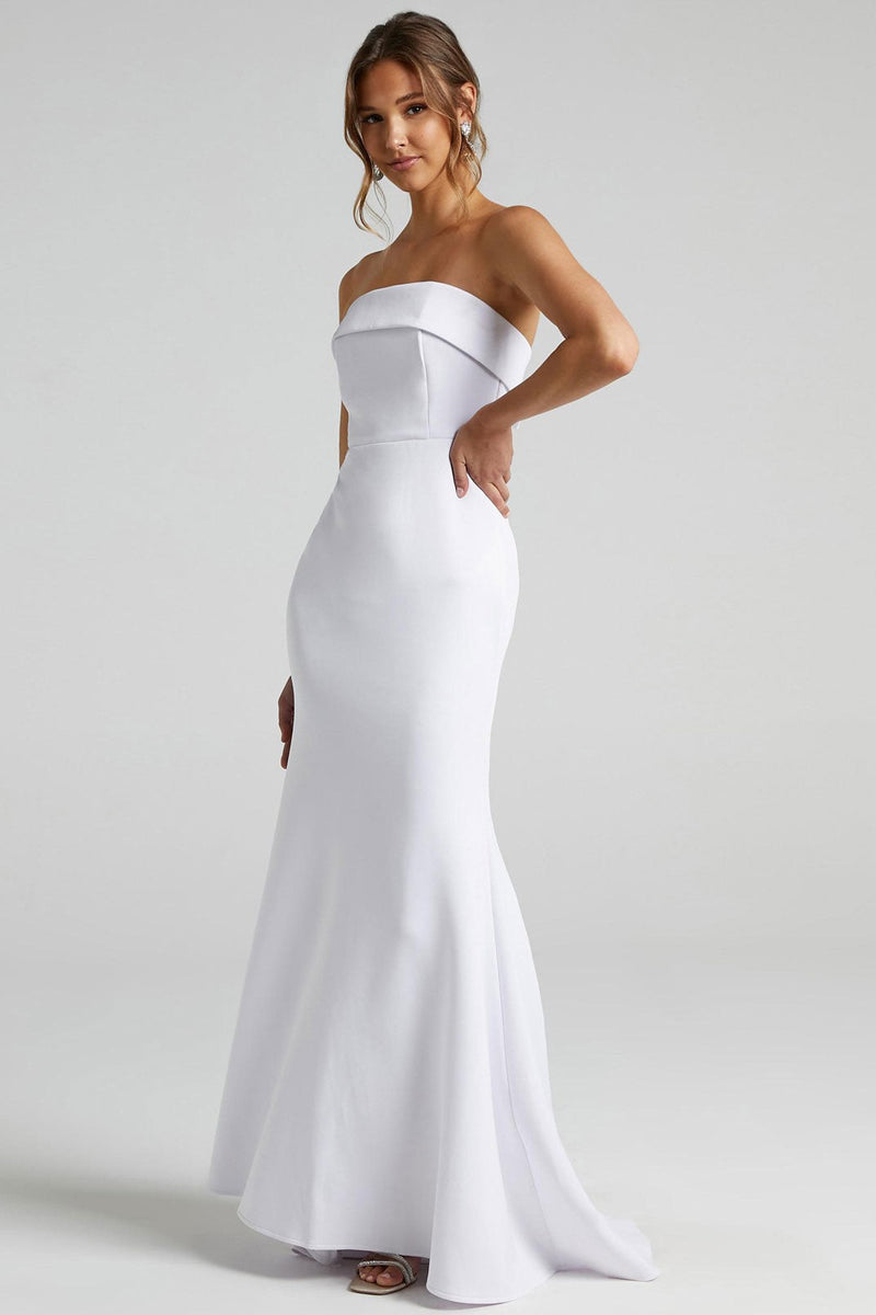 White Casual Wedding Dress Mermaid Brush Train Zipper Strapless Polyester Bridal Gowns-Dbrbridal