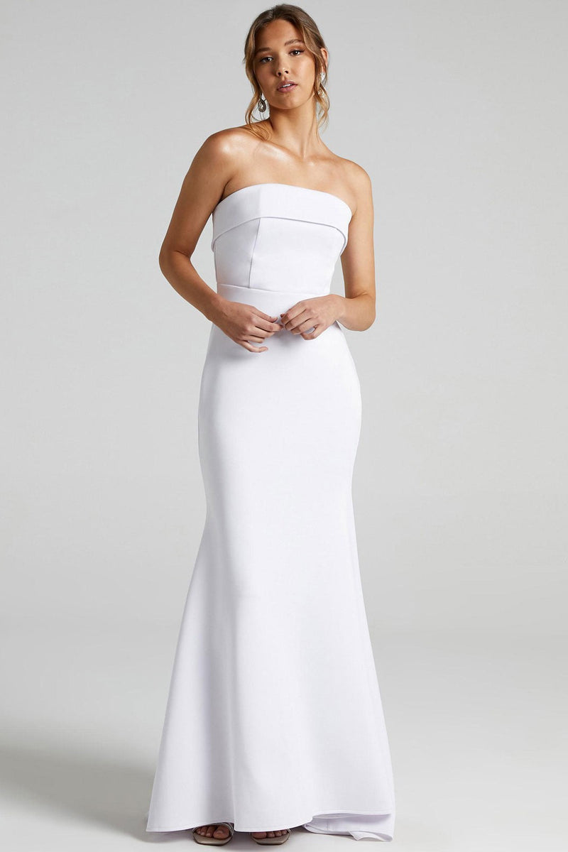 White Casual Wedding Dress Mermaid Brush Train Zipper Strapless Polyester Bridal Gowns-Dbrbridal