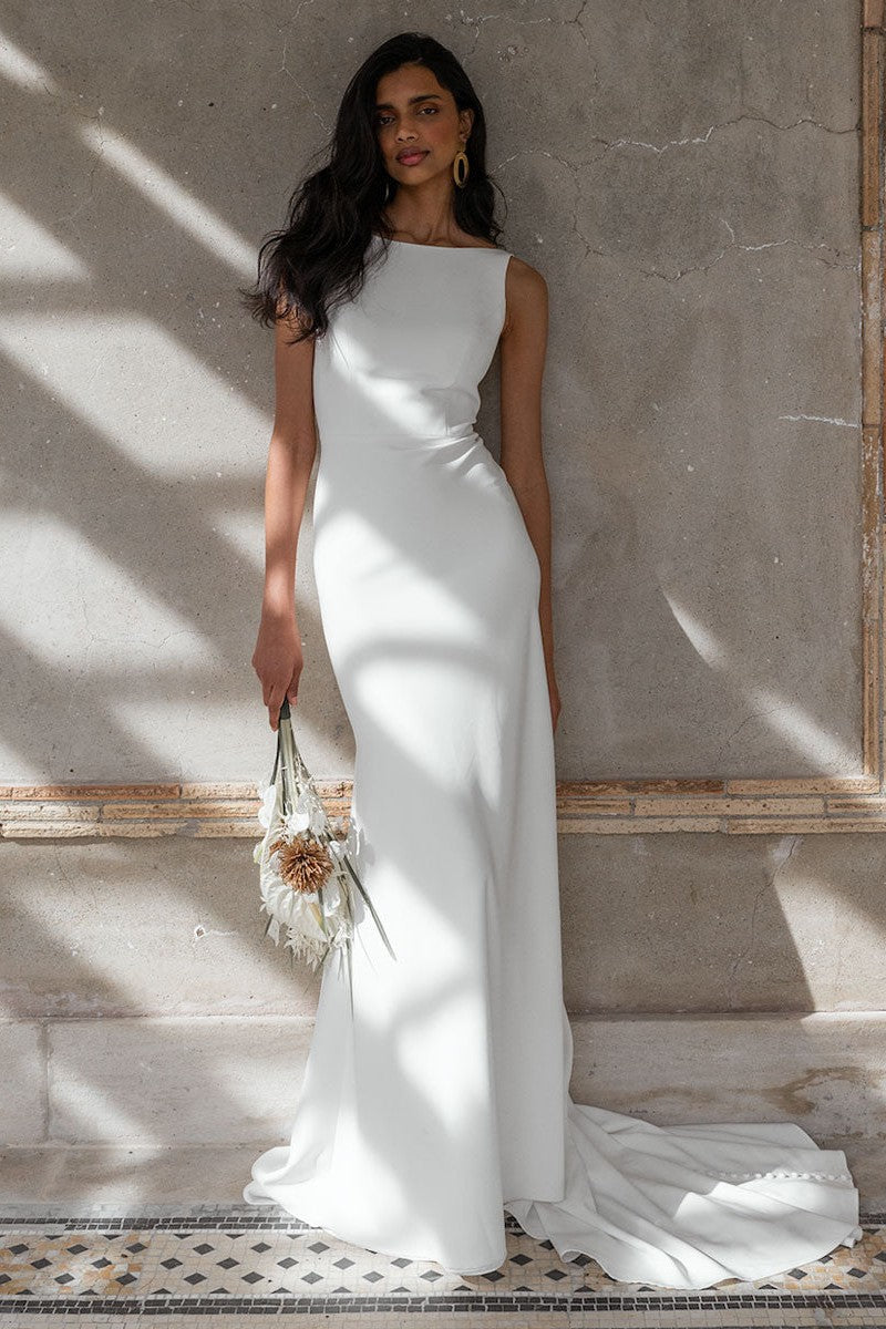 White Casual Wedding Dress With Train Bateau Neck Sleeveless Sexy Backless Satin Fabric Mermaid Bridal Gowns-Dbrbridal