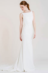 White Casual Wedding Dress With Train Bateau Neck Sleeveless Sexy Backless Satin Fabric Mermaid Bridal Gowns-Dbrbridal