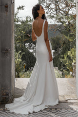 White Casual Wedding Dress With Train Bateau Neck Sleeveless Sexy Backless Satin Fabric Mermaid Bridal Gowns-Dbrbridal