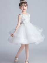 White Jewel Neck Short Sleeves Embroidered Kids Party Dresses-Dbrbridal