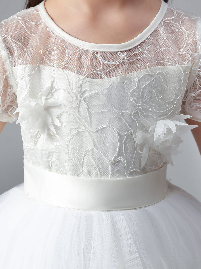 White Jewel Neck Short Sleeves Flowers Embellishment Tulle Lace Kids Social Party Dresses-Dbrbridal