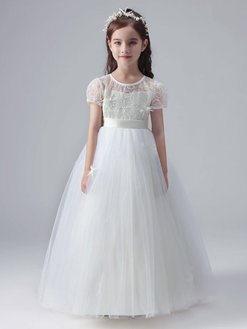 White Jewel Neck Short Sleeves Flowers Embellishment Tulle Lace Kids Social Party Dresses-Dbrbridal