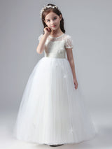 White Jewel Neck Short Sleeves Flowers Embellishment Tulle Lace Kids Social Party Dresses-Dbrbridal