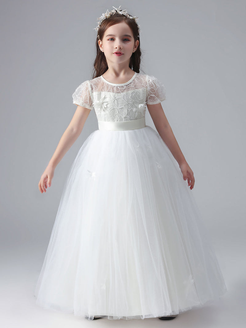 White Jewel Neck Short Sleeves Flowers Embellishment Tulle Lace Kids Social Party Dresses-Dbrbridal