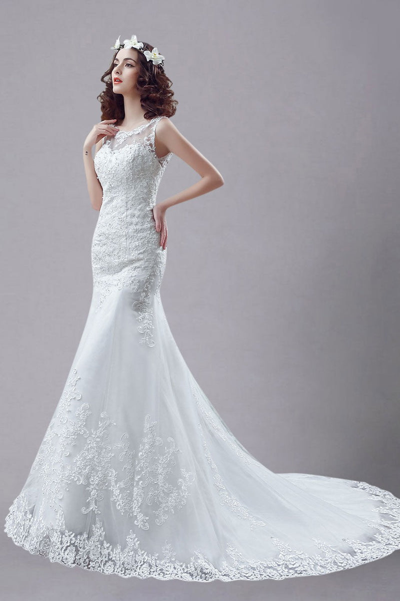 White Wedding Dress Lace Sexy Backless Bridal Gowns Rhinestones Beaded Mermaid Wedding Gown-Dbrbridal