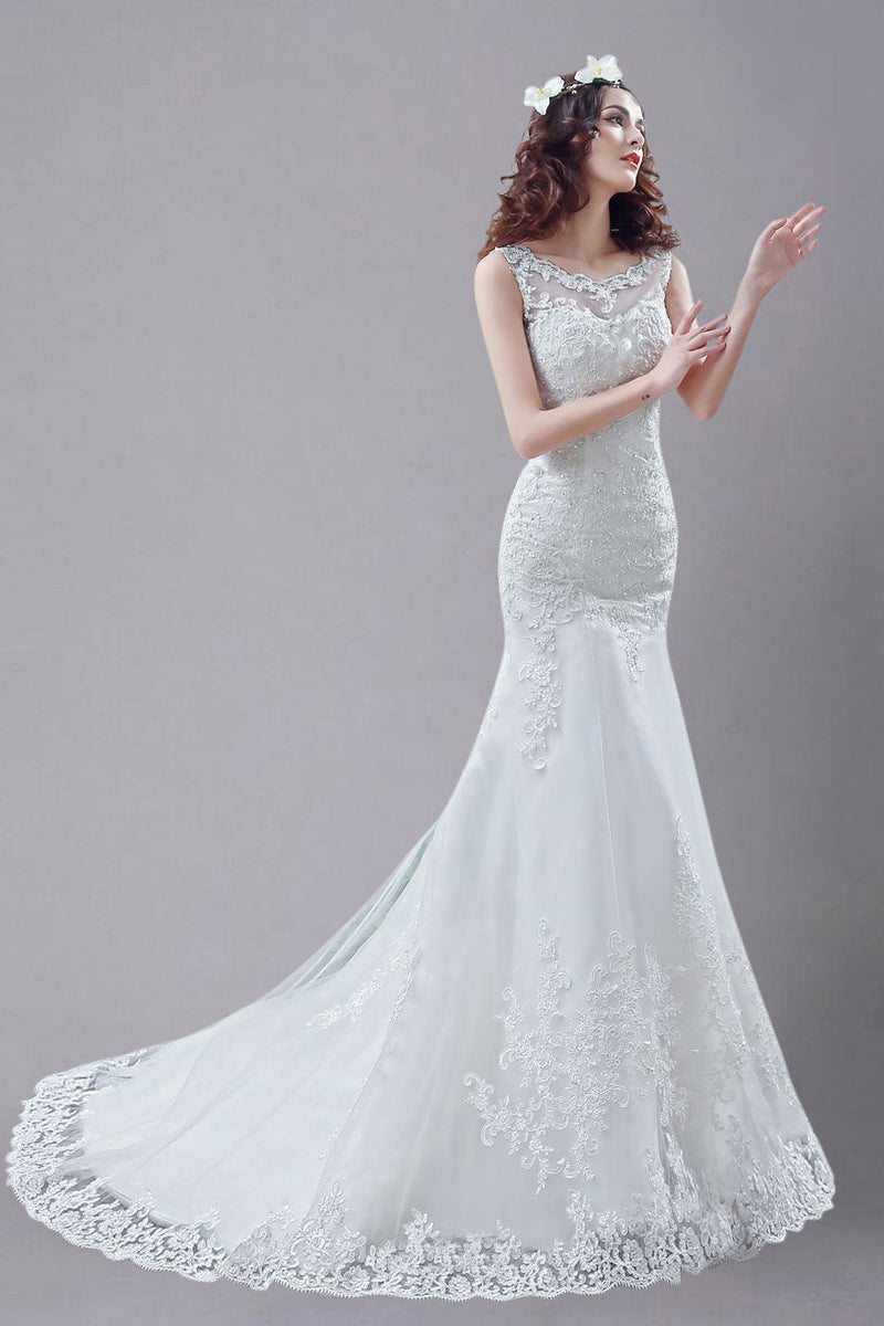 White Wedding Dress Lace Sexy Backless Bridal Gowns Rhinestones Beaded Mermaid Wedding Gown-Dbrbridal